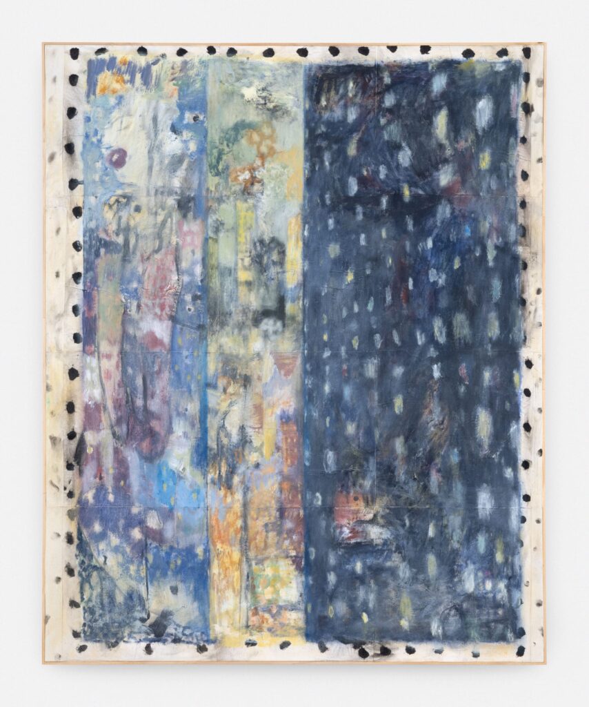 Ted Gahl Lower Manhattan, 2042 2021 60”h x 48”w (152½ x 122cm) Acrylic, Moroccan pigments, graphite, colored pencil, paper on canvas in artist’s frame