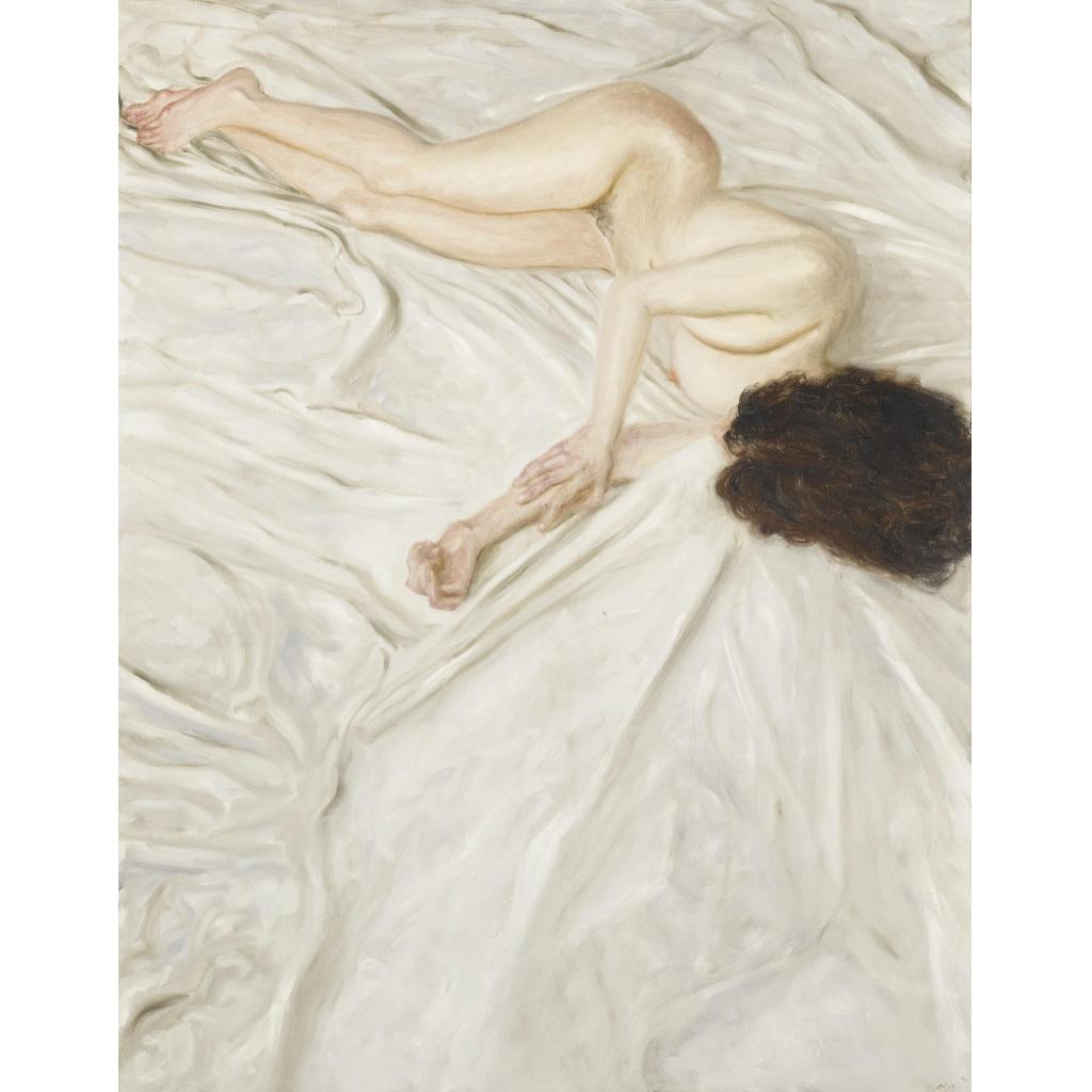 Avigdor Arikha, Nude on a sheet, oil on canvas, 1988, 147 x 113 cm