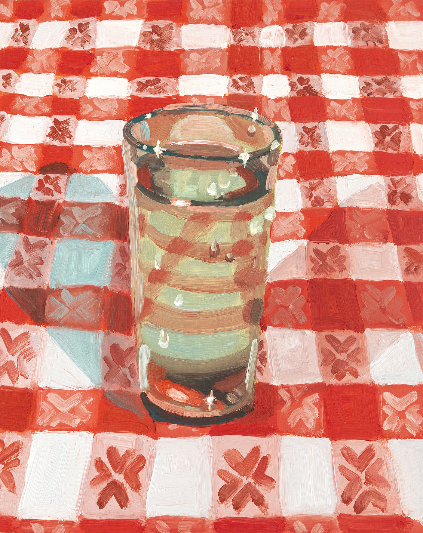 9:16 PM, Glass of Water at Bernie's, 2023, Oil on Masonite panel, 10 x 8 inches